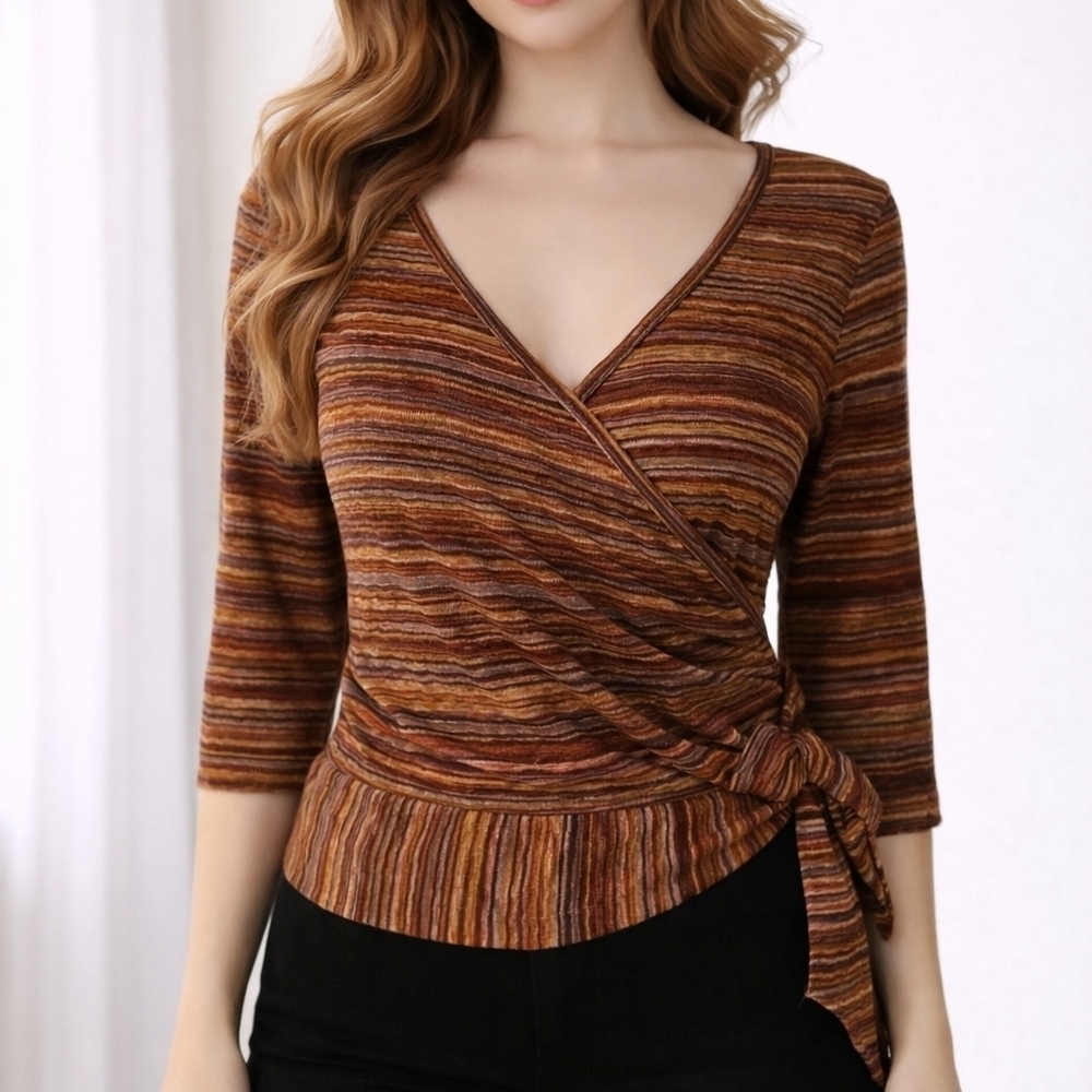 Vtg CLIO 1970s Faux Wrap Surplice Ruched Tie Waist V-neck Half Sleeve Top